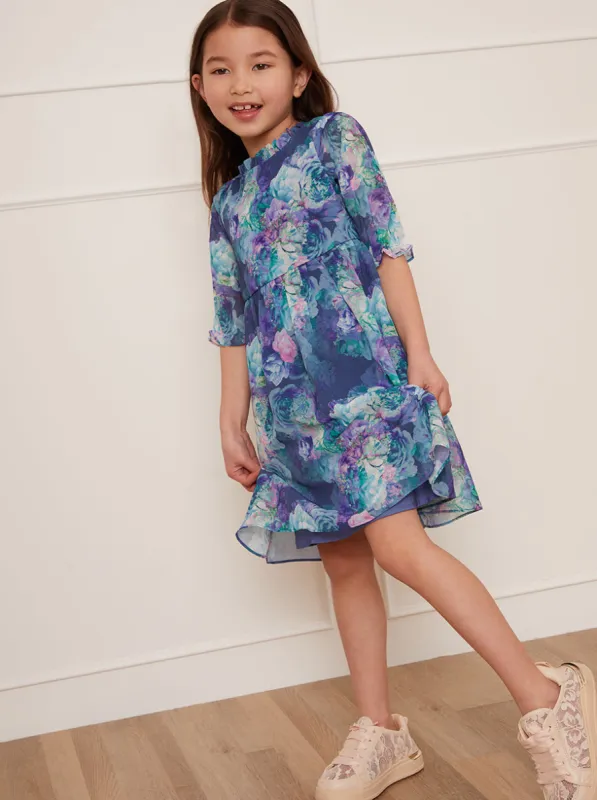 Girls Watercolour Floral Printed Dress in Navy sold by Chi Chi London