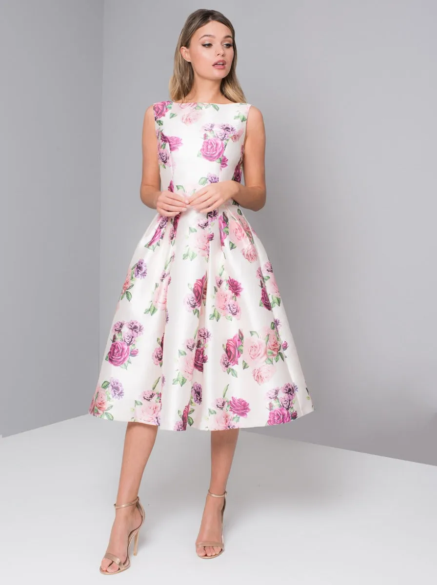 Floral Print Sheen Midi Dress in White sold by Chi Chi London