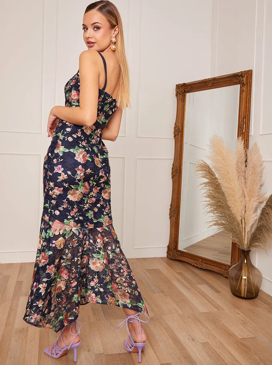 Petite Cami Strap Floral Lace Bodycon Ruffle Hem Dress in Navy sold by Chi Chi London product image thumbnail 2