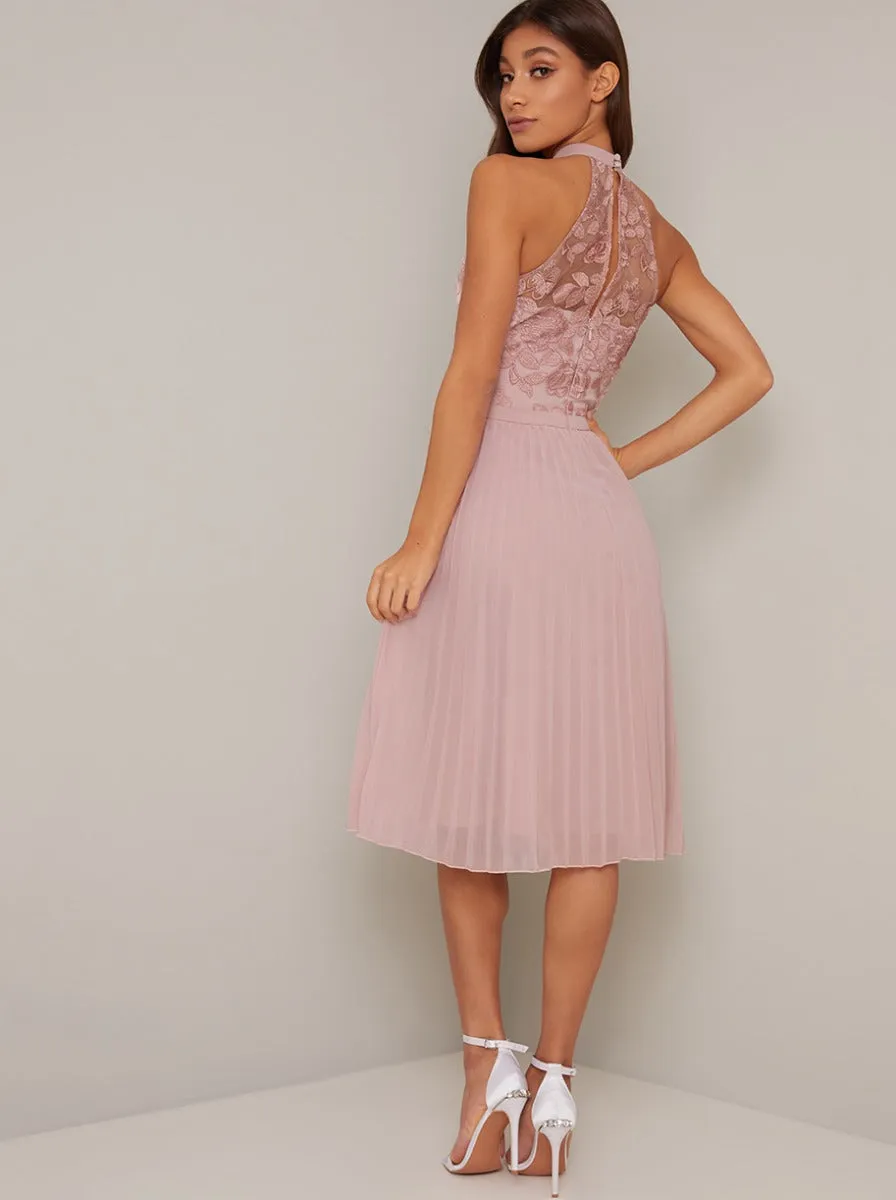 Embroidered Bodice High Neck Midi Dress in Pink sold by Chi Chi London product image thumbnail 4