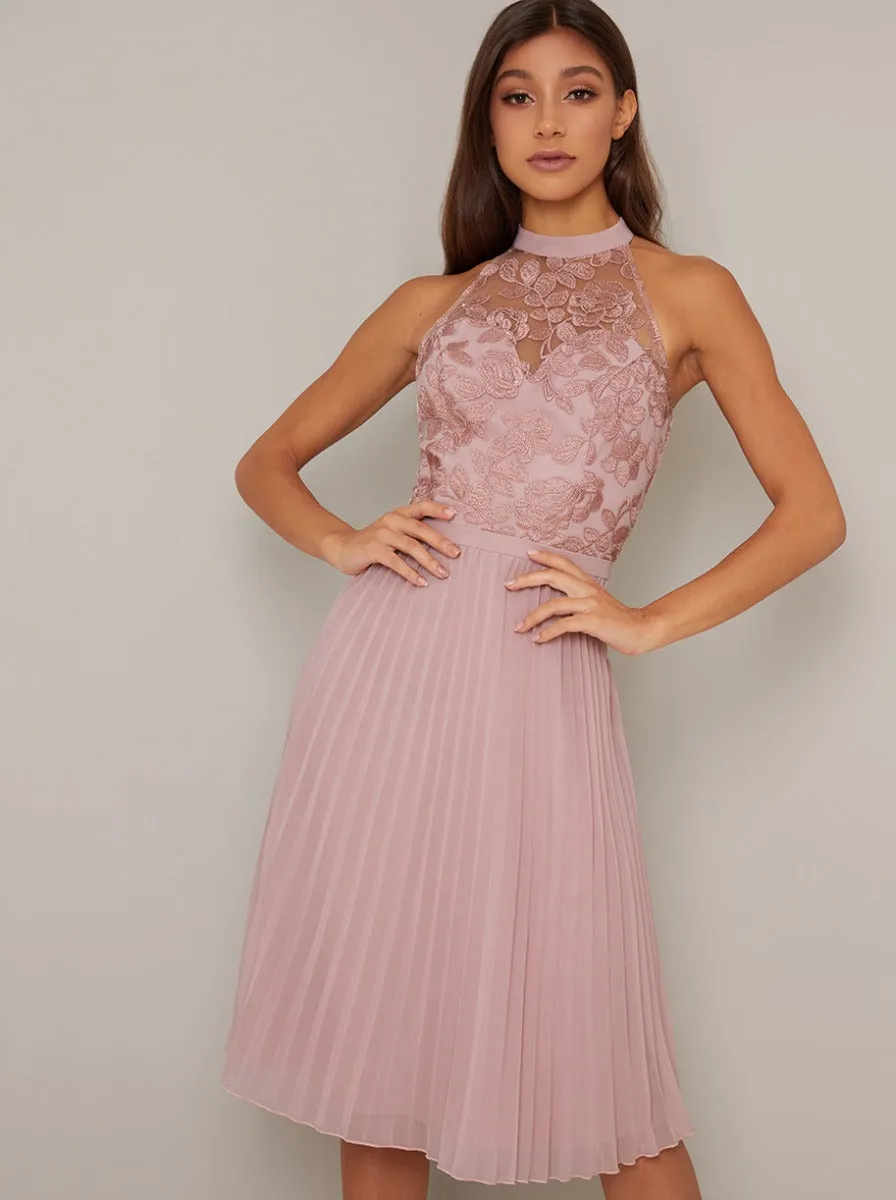 Embroidered Bodice High Neck Midi Dress in Pink sold by Chi Chi London