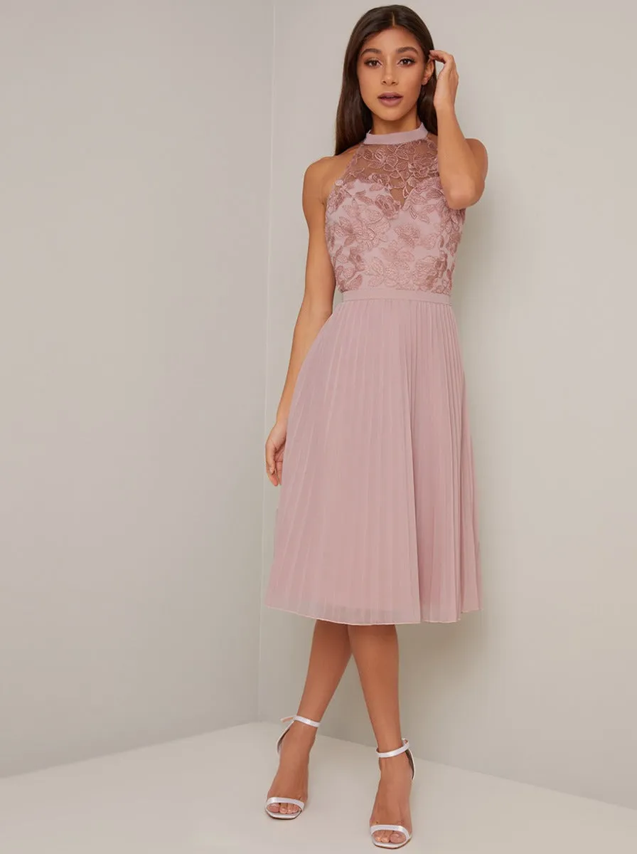 Embroidered Bodice High Neck Midi Dress in Pink sold by Chi Chi London product image thumbnail 2