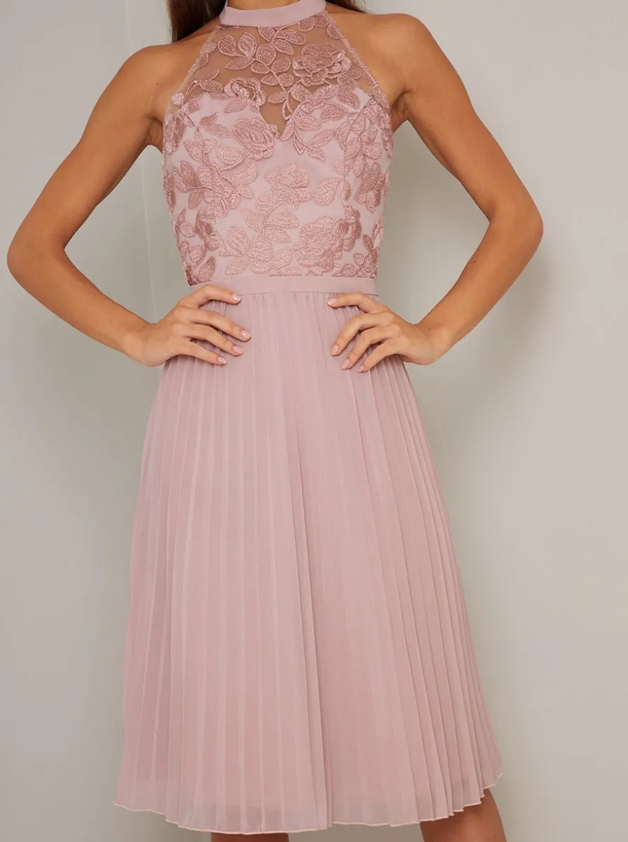 Embroidered Bodice High Neck Midi Dress in Pink sold by Chi Chi London product image thumbnail 3