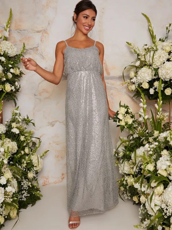 Sequin Cami Style Maxi Dress In Silver sold by Chi Chi London