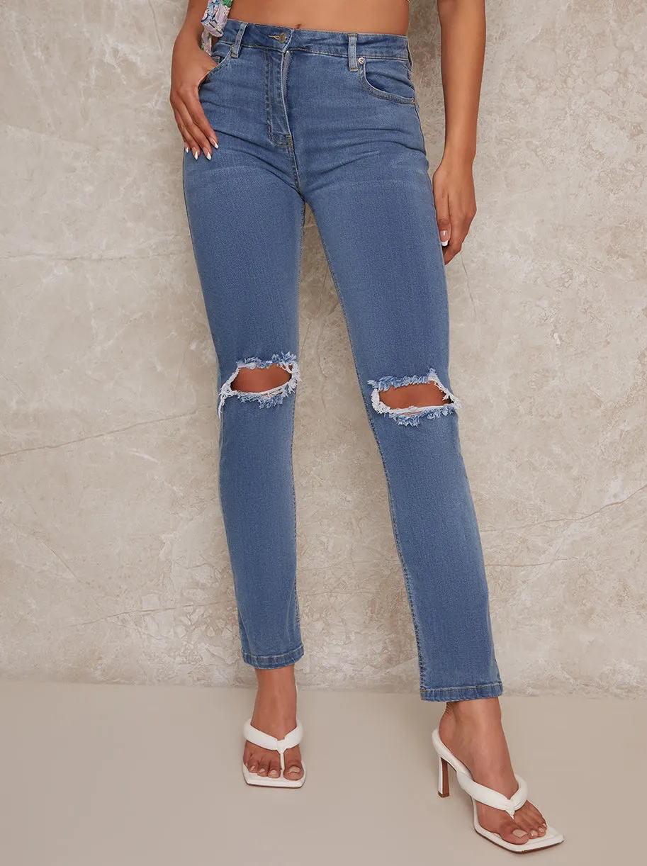 High Waisted Ripped Knee Slim Jeans in Blue sold by Chi Chi London product image thumbnail 2