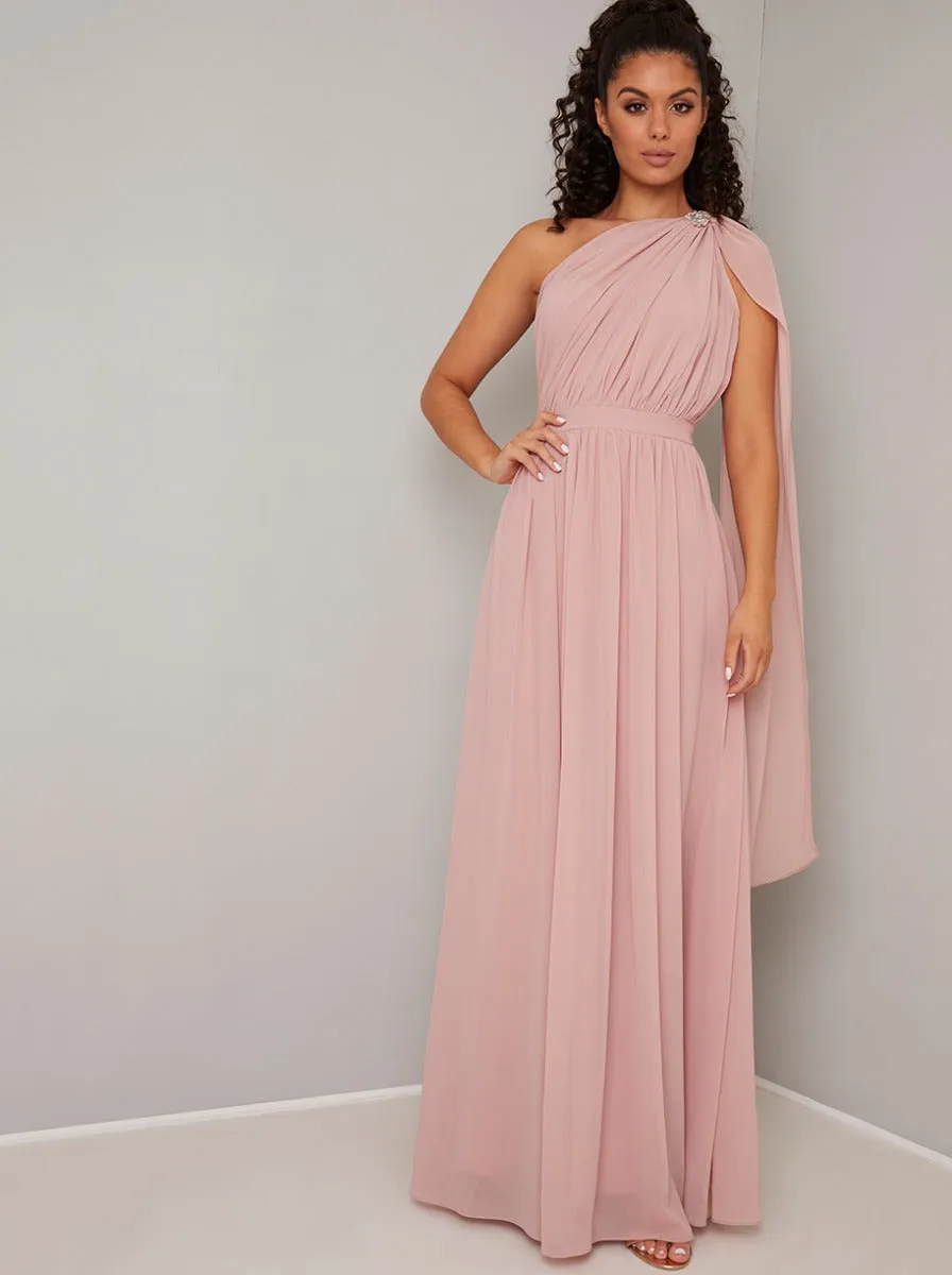 One Shoulder Embellished Maxi Dress in Pink sold by Chi Chi London