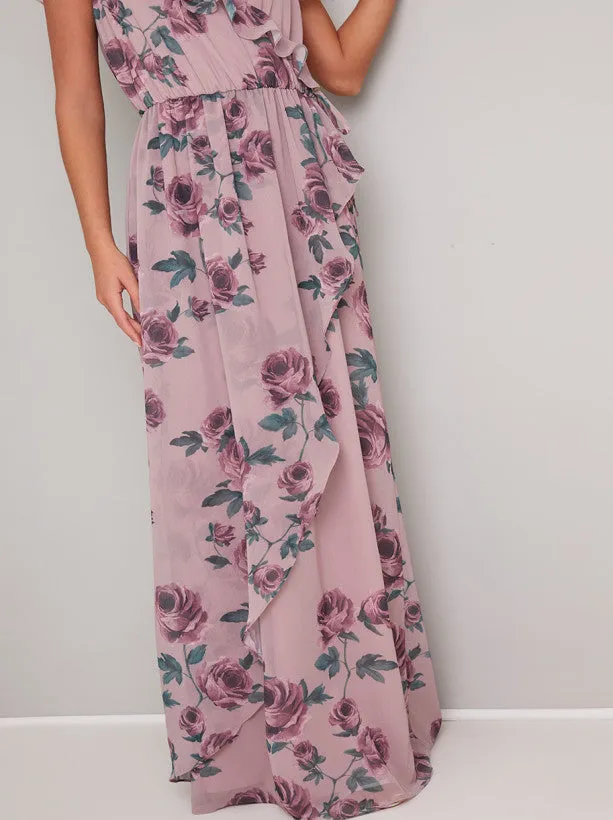 Floral Print Frill Detail Maxi Dress In Mink sold by Chi Chi London product image thumbnail 3