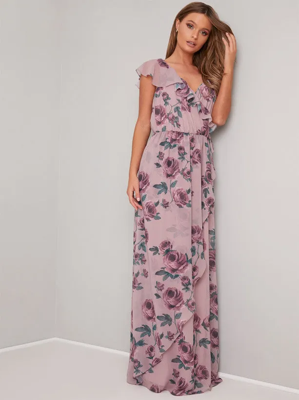 Floral Print Frill Detail Maxi Dress In Mink sold by Chi Chi London product image thumbnail 4