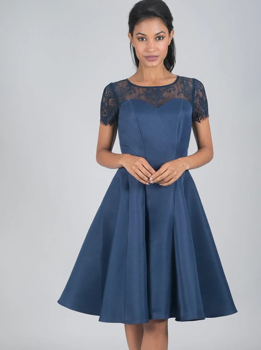 Short Sleeved Sheer Lace Midi Dress In Blue sold by Chi Chi London