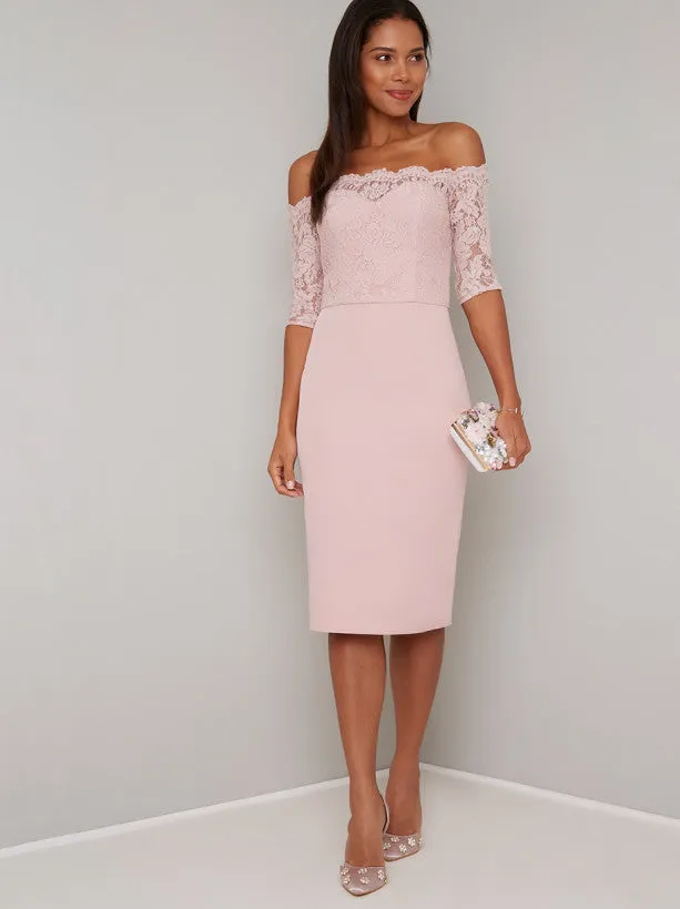 Lace Bodice Bodycon Midi Dress in Pink sold by Chi Chi London