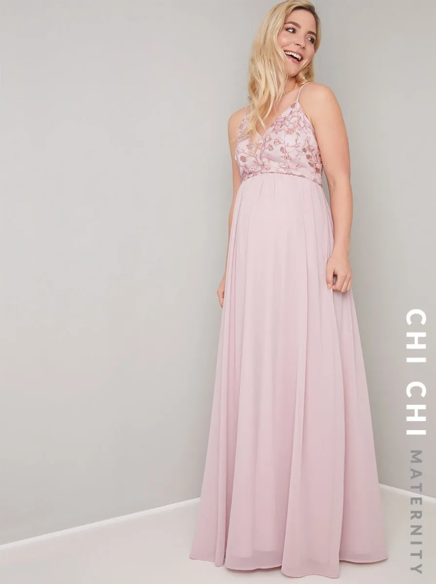 Maternity Lace Overlay Bodice Maxi Dress in Pink sold by Chi Chi London
