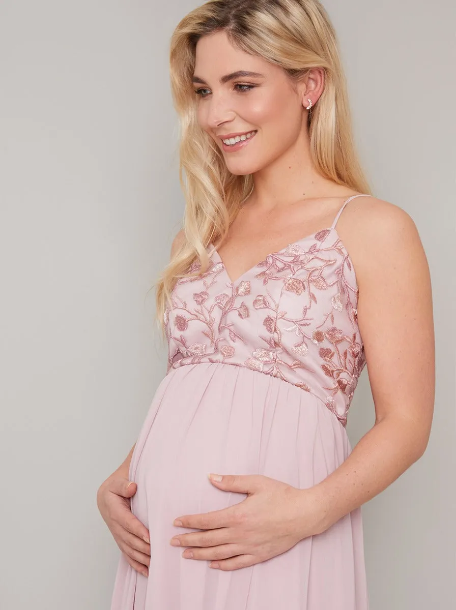 Maternity Lace Overlay Bodice Maxi Dress in Pink sold by Chi Chi London product image thumbnail 2