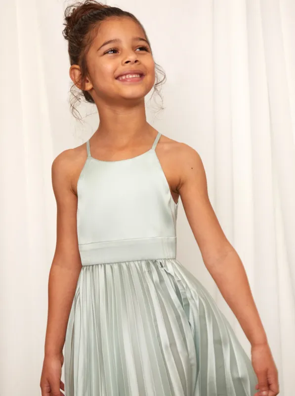 Younger Girls Pleated Satin Flower Girl Dress in Mint sold by Chi Chi London