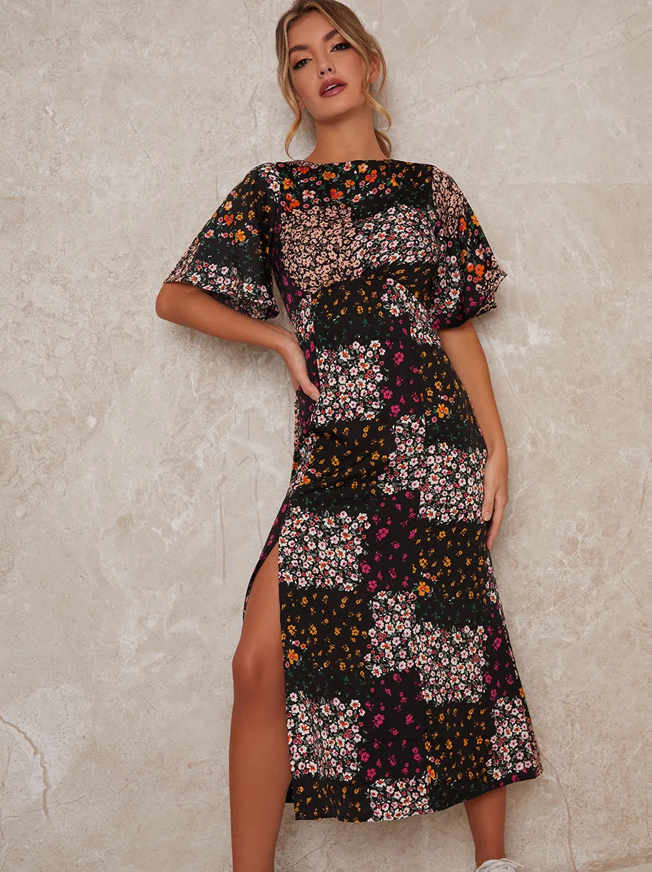 Angel Sleeve Midi Floral Print Midi Dress in Black sold by Chi Chi London product image thumbnail 2