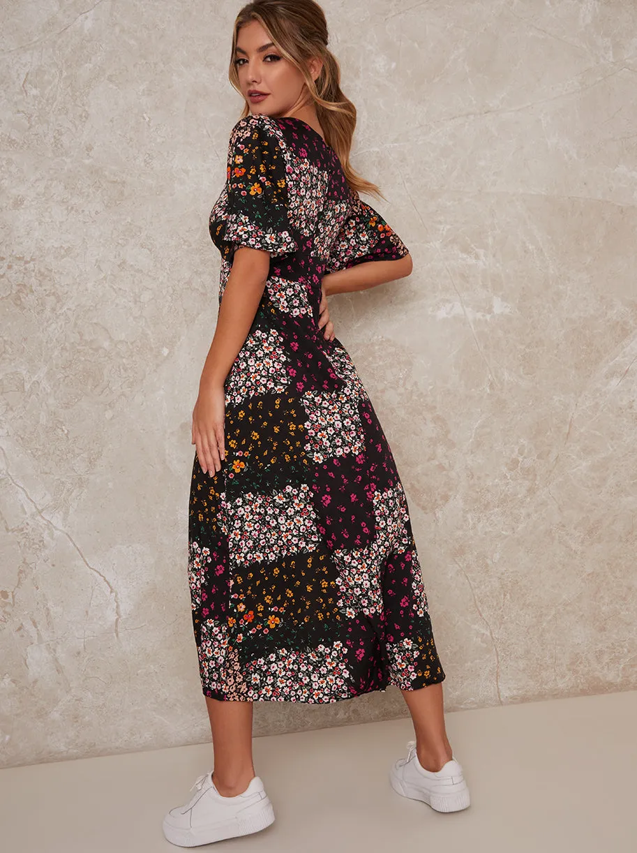Angel Sleeve Midi Floral Print Midi Dress in Black sold by Chi Chi London product image thumbnail 4