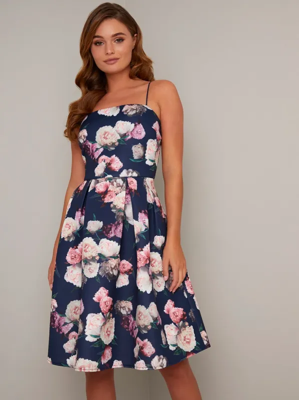 Cami Strap Fitted Bodice Floral Midi Dress in Blue sold by Chi Chi London