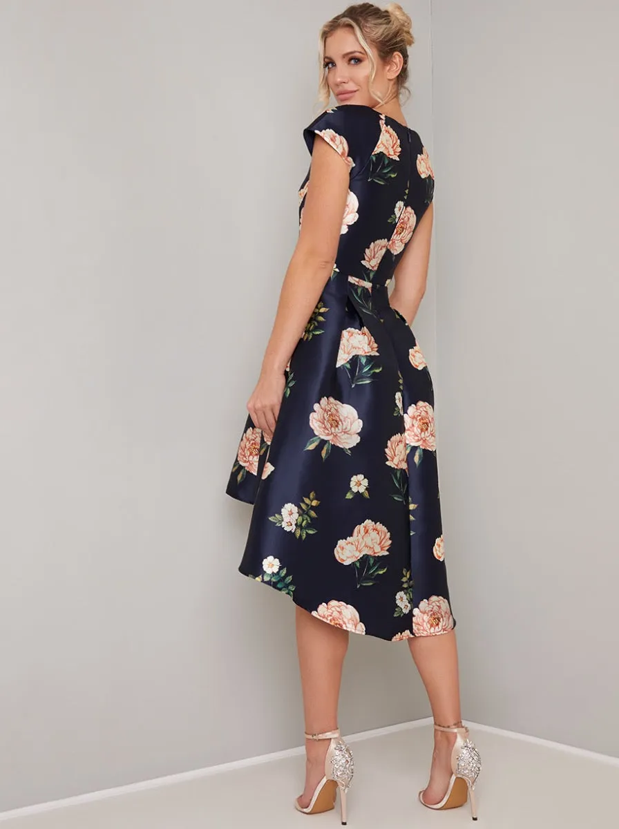 Floral Print Cap Sleeved Dip Hem Midi Dress in Blue sold by Chi Chi London product image thumbnail 4