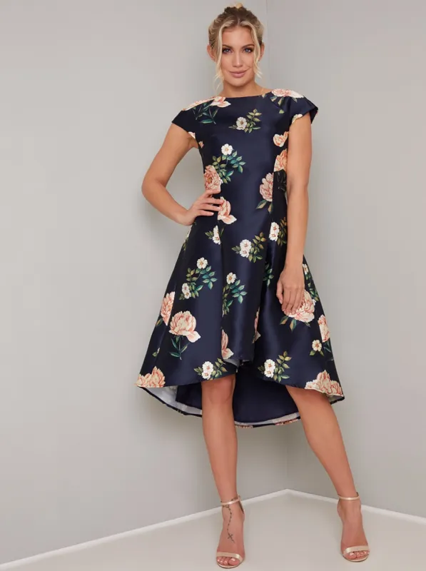 Floral Print Cap Sleeved Dip Hem Midi Dress in Blue sold by Chi Chi London
