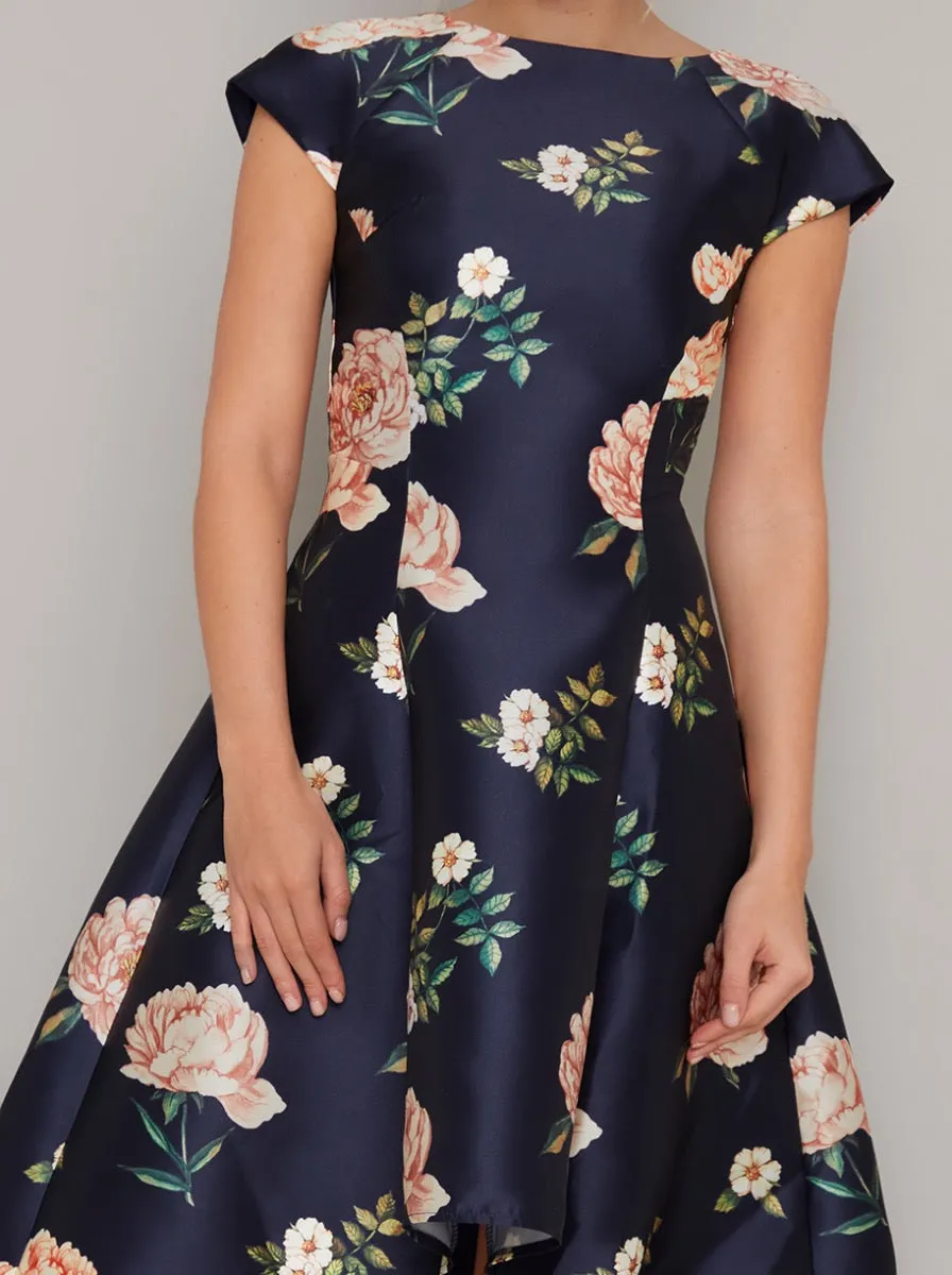 Floral Print Cap Sleeved Dip Hem Midi Dress in Blue sold by Chi Chi London product image thumbnail 3