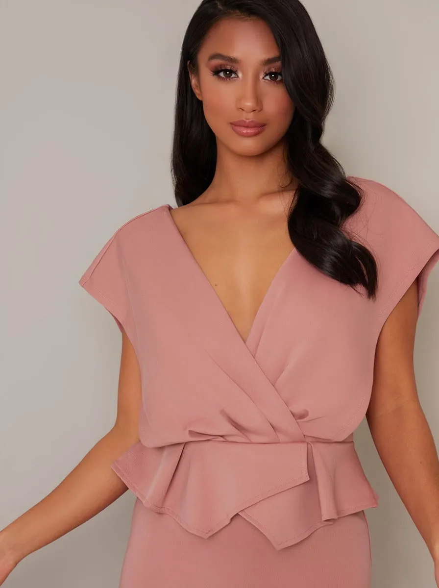 Petite Peplum Waist Bodycon Midi Dress in Pink sold by Chi Chi London product image thumbnail 3