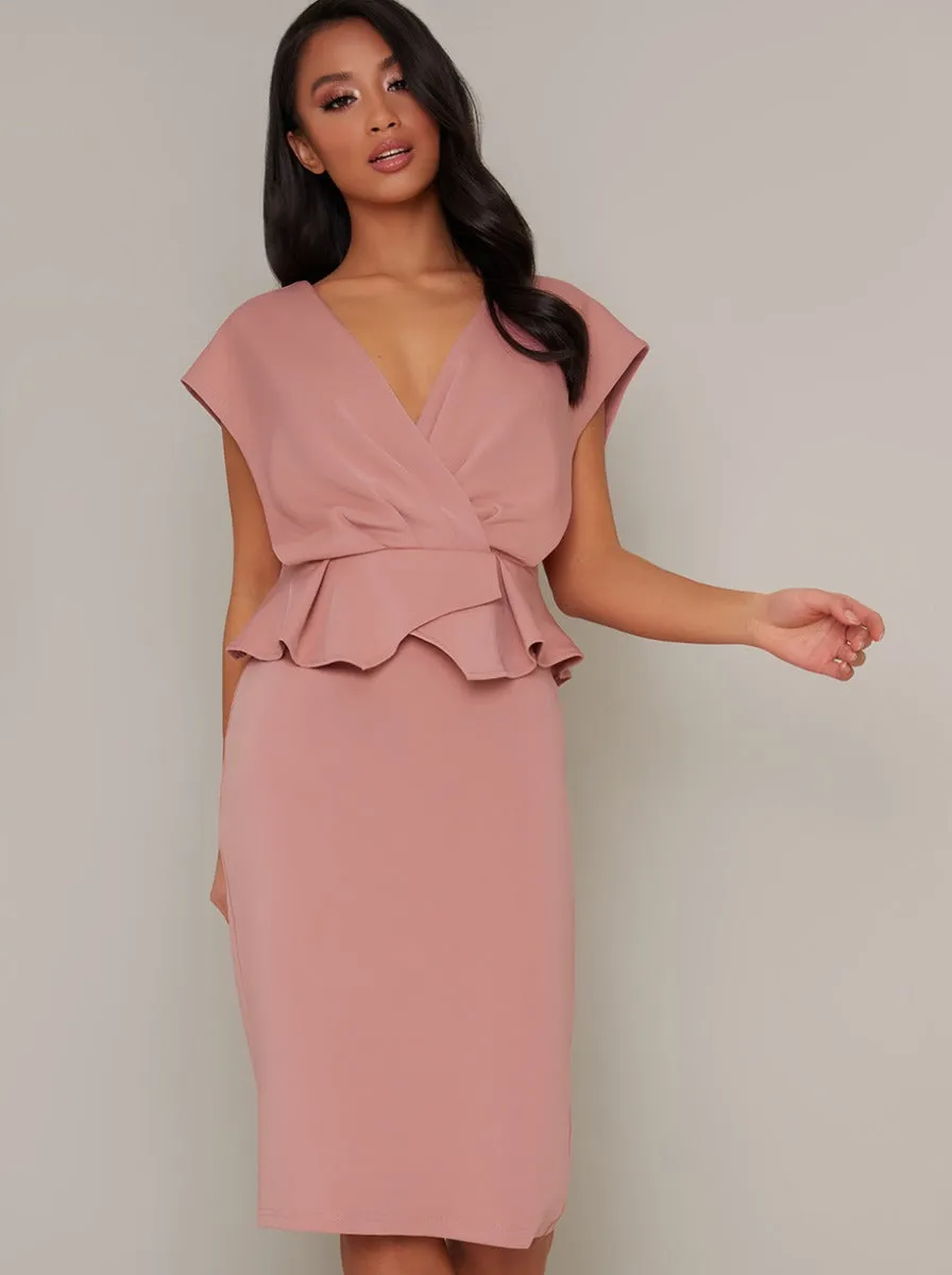 Petite Peplum Waist Bodycon Midi Dress in Pink sold by Chi Chi London