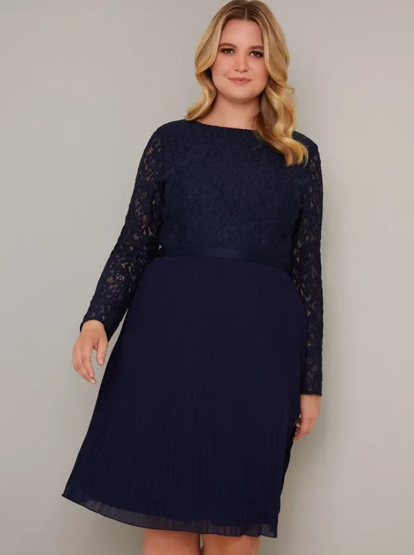 Plus Size Long Sleeved Lace Pleat Midi Dress in Blue sold by Chi Chi London