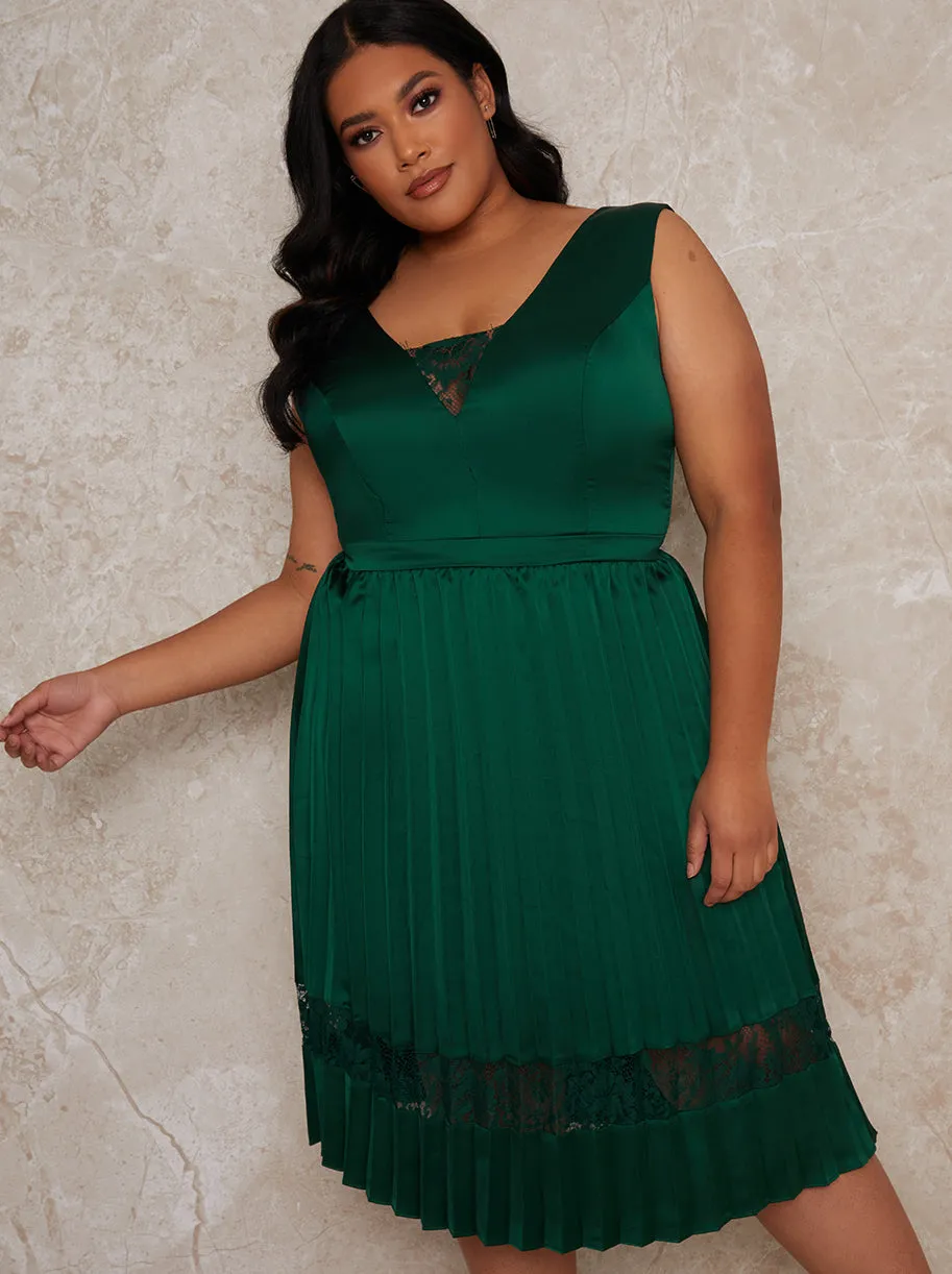 Plus Size Lace Detail Pleat Midi Dress in Green sold by Chi Chi London