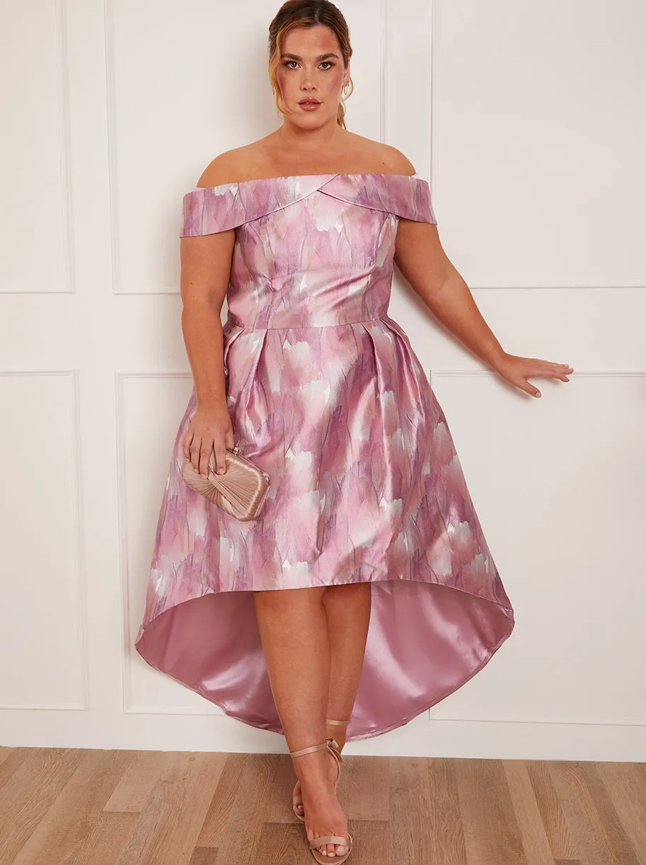 Plus Size Watercolour Print Bardot Dip Hem Dress in Pink sold by Chi Chi London product image thumbnail 3