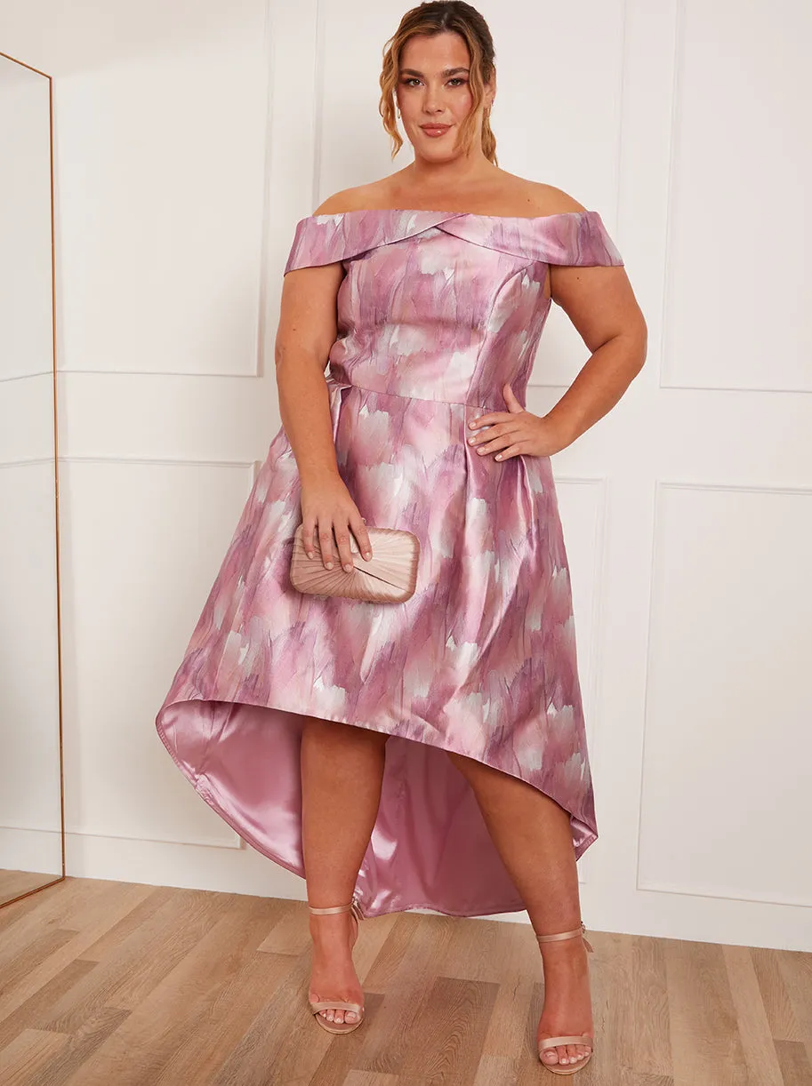 Plus Size Watercolour Print Bardot Dip Hem Dress in Pink sold by Chi Chi London