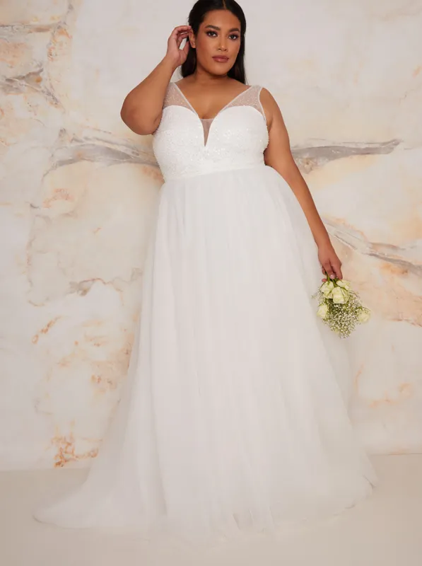 Plus Size Sequin Bodice Wedding Dress in White sold by Chi Chi London