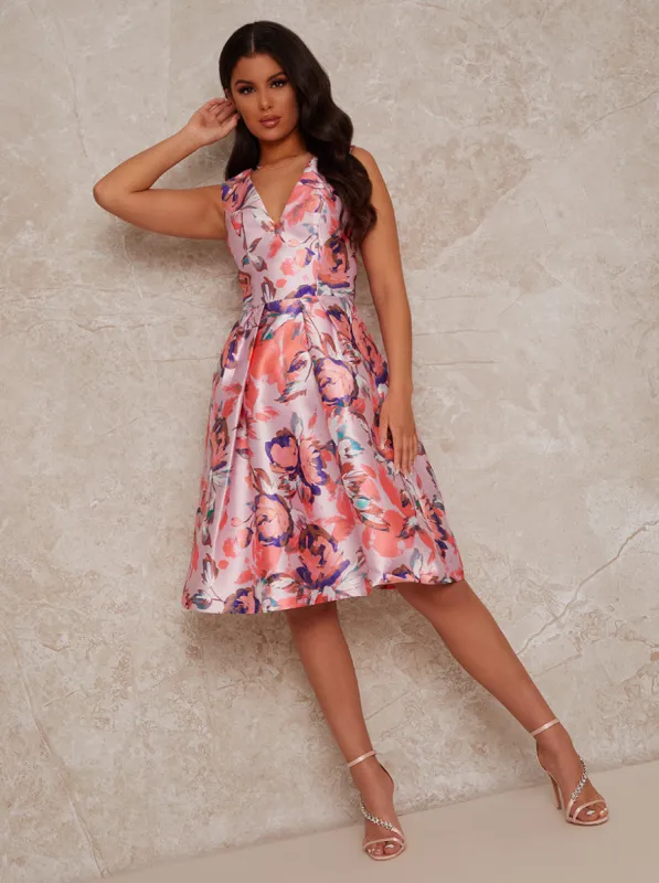 V Neck Floral Print Midi Dress in Pink sold by Chi Chi London
