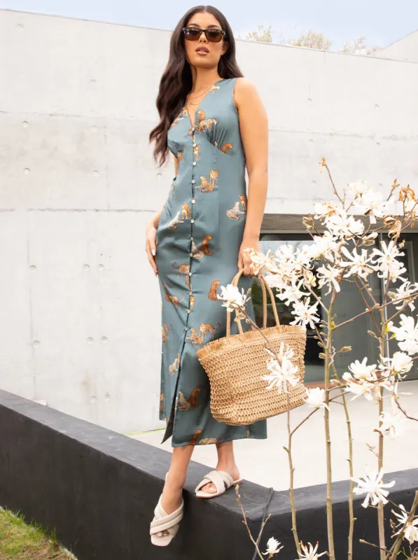 Sleeveless Animal Print Button Midi Day Dress in Green sold by Chi Chi London
