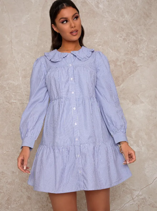Long Sleeve Stripe Print Mini Day Dress in Blue sold by Chi Chi London