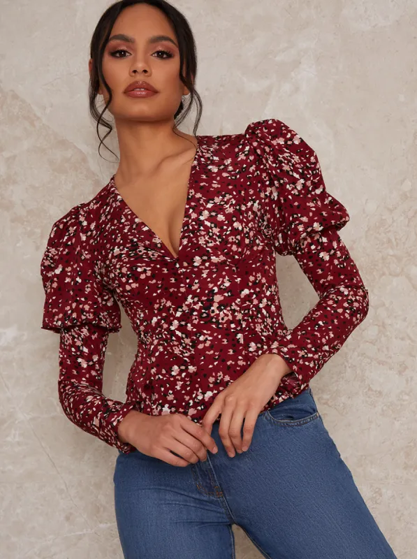 Long Sleeve Plunge Front Floral Print Top in Red sold by Chi Chi London
