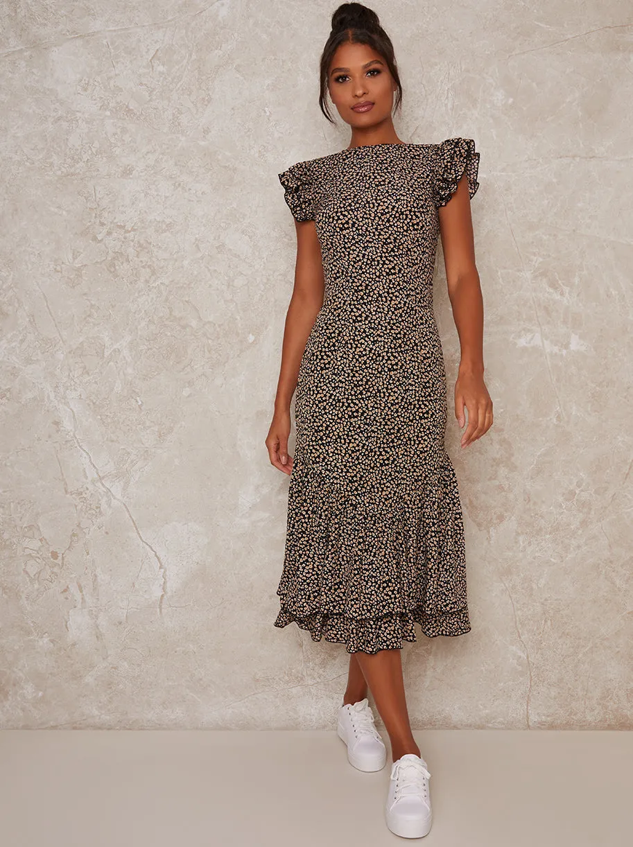 Ruffle Hem Printed Short Sleeve Midi Dress in Multi sold by Chi Chi London