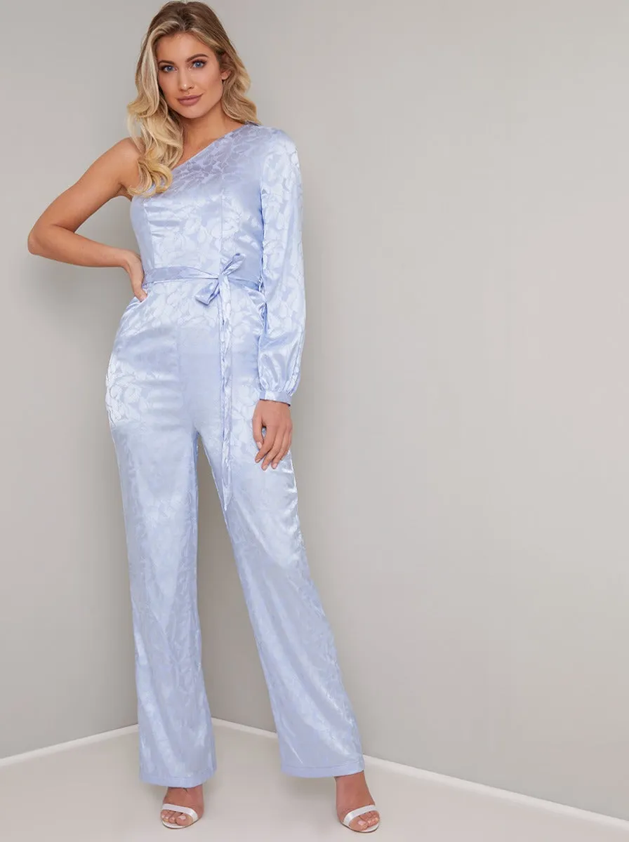 One Shoulder Tie Waist Straight Leg Jumpsuit in Blue sold by Chi Chi London