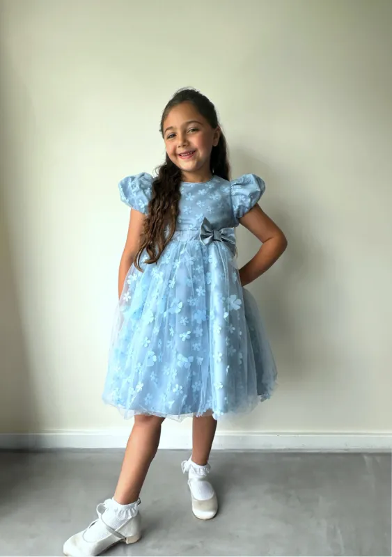 Girls 3D Floral Satin Bow Midi Dress in Blue sold by Chi Chi London