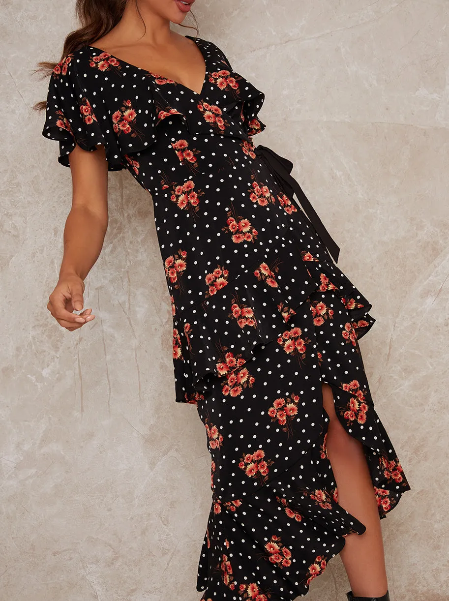 Ruffle Tie Waist Floral Print Midi Dress in Black sold by Chi Chi London product image thumbnail 3