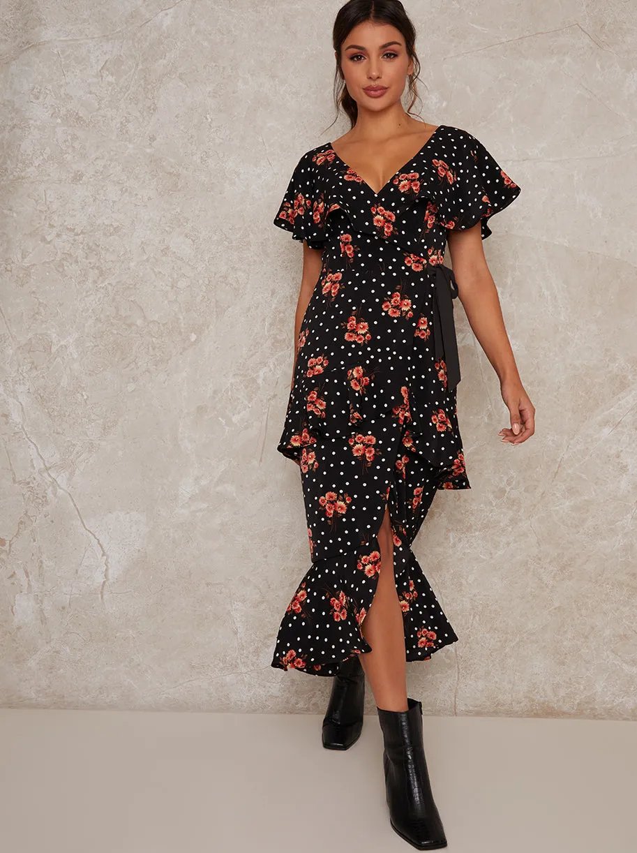 Ruffle Tie Waist Floral Print Midi Dress in Black sold by Chi Chi London