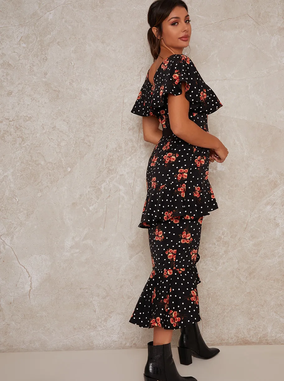 Ruffle Tie Waist Floral Print Midi Dress in Black sold by Chi Chi London product image thumbnail 4