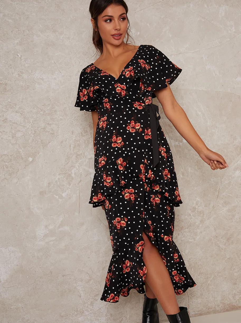 Ruffle Tie Waist Floral Print Midi Dress in Black sold by Chi Chi London product image thumbnail 2
