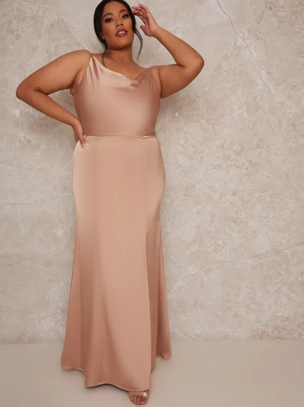Plus Size Cowl Neck Satin Slip Maxi Dress in Champagne sold by Chi Chi London