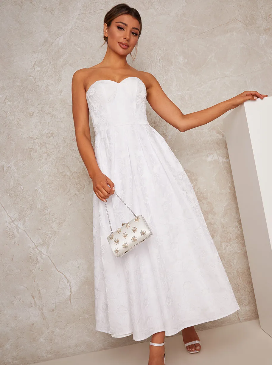 Bridal Strapless Floral Jacquard Midi Dress in White sold by Chi Chi London
