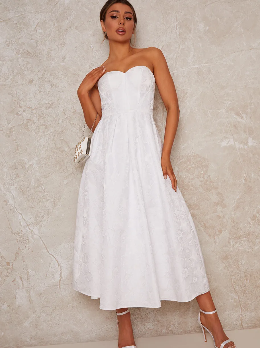 Bridal Strapless Floral Jacquard Midi Dress in White sold by Chi Chi London product image thumbnail 3