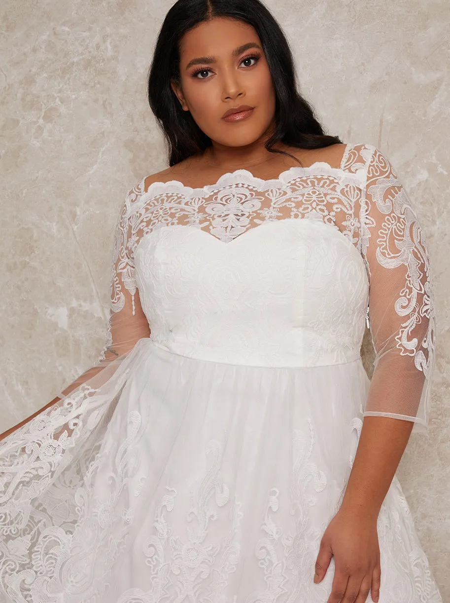Plus Size Lace Long Sleeve Midi Wedding Dress in White sold by Chi Chi London product image thumbnail 3