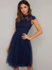 High Neck Lace Bodice Tulle Midi Dress in Blue sold by Chi Chi London