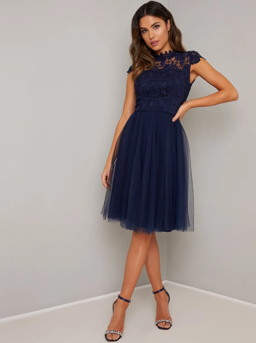 High Neck Lace Bodice Tulle Midi Dress in Blue sold by Chi Chi London