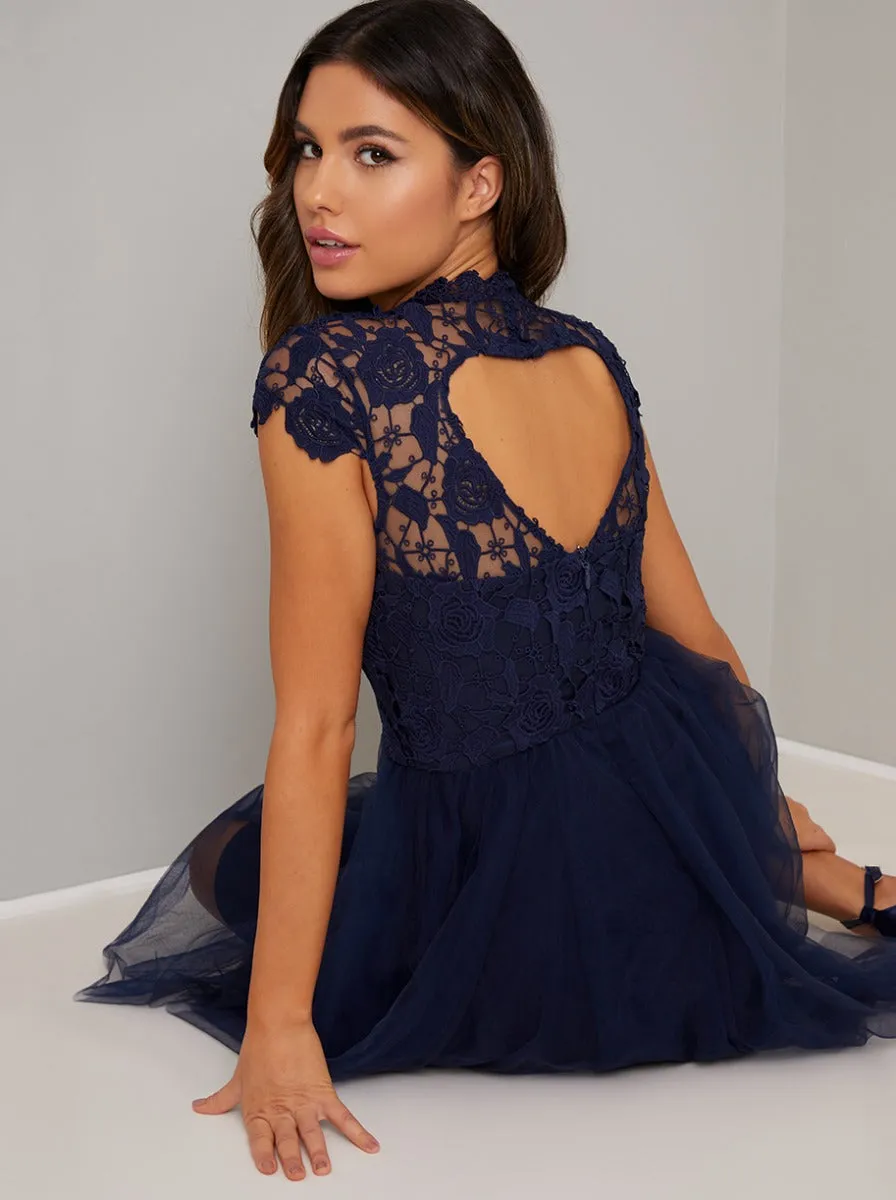 High Neck Lace Bodice Tulle Midi Dress in Blue sold by Chi Chi London product image thumbnail 2