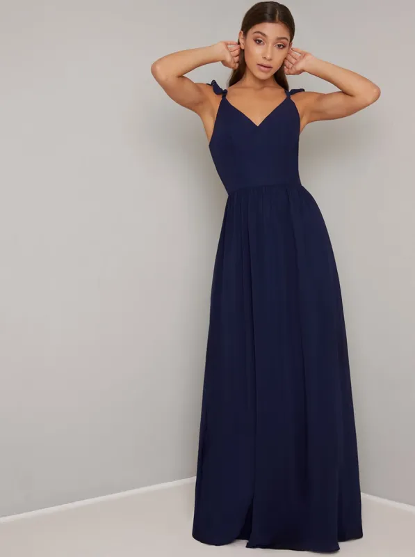 Ruffle Detail Maxi Dress with Back Detailing in Blue sold by Chi Chi London