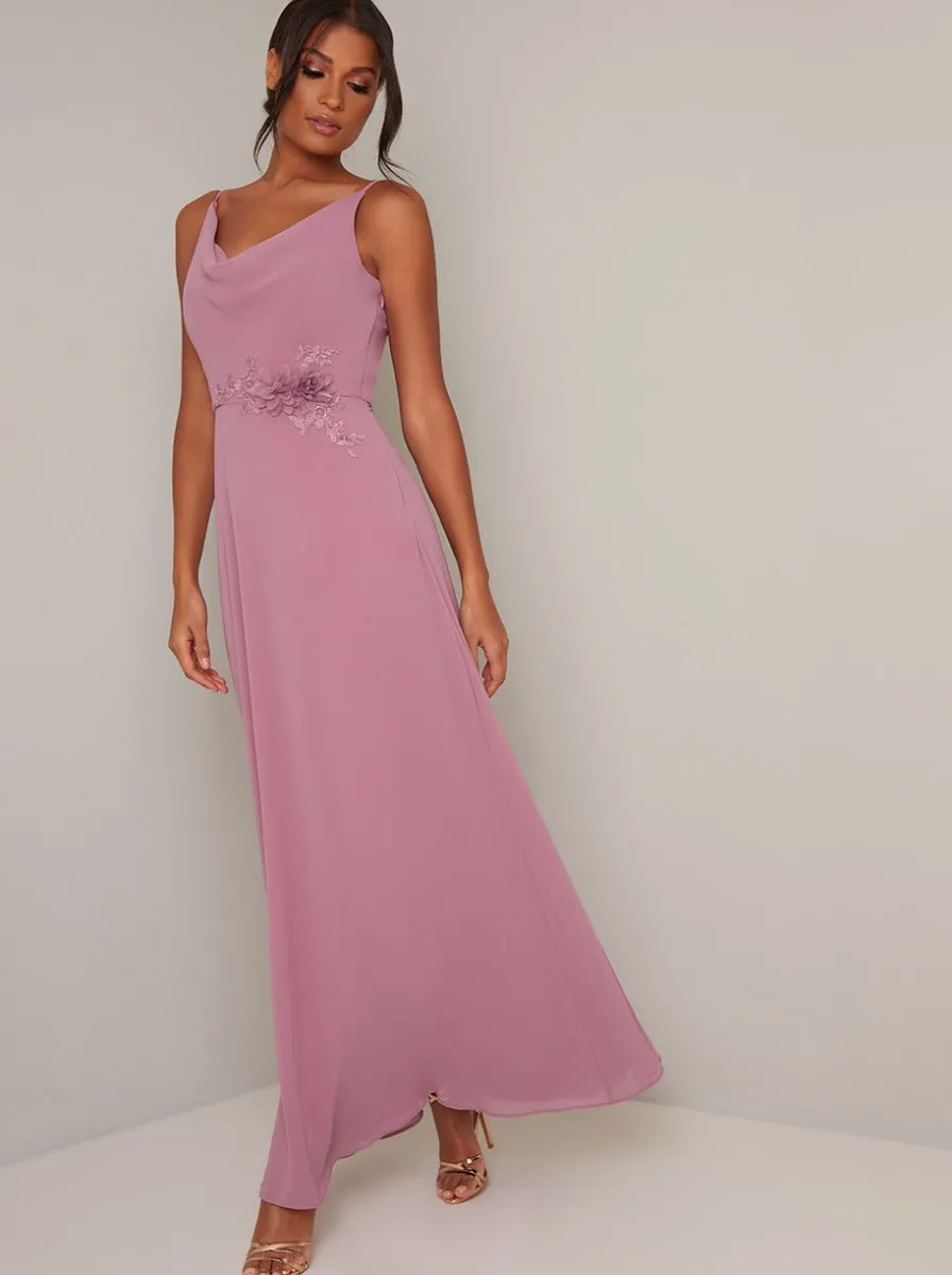 Cowl Neck Lace Detail Maxi Dress in Pink sold by Chi Chi London